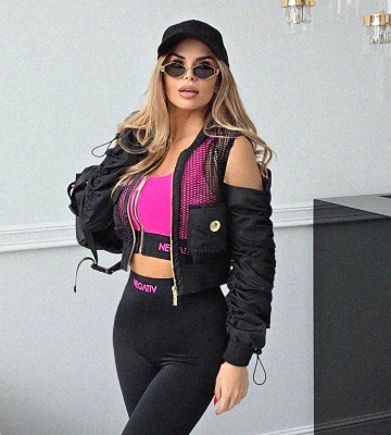 NEGATIV ** Top Stanikowy z Gumą Neon Róż - Modelujący sportowy dopasowane napisy madeinpoland premiummoda glebokidekolt