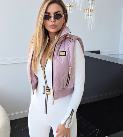 NEGATIV ** Pikowana Kamizelka w Różu Złote Suwaki Stopery swobodne blyszczace suwaki haft pikowane kaptur premiummoda madeinpoland zloto