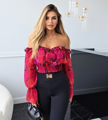 NEGATIV ** Bluzka Hiszpanka Odpinane Rękawy Róża MAGNIFICO swobodne modelujace hiszpanka delikatny zdobienia drapieznyprint madeinpoland premiummoda