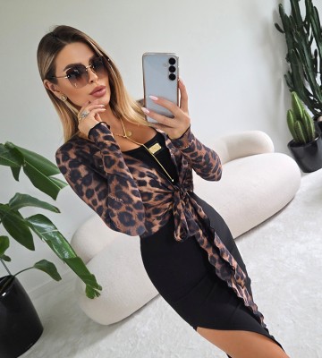 NEGATIV ** Bluzka Z Lycry Wiązana na Biuście LAPERLA dzianina dopasowane glebokidekolt drapieznyprint madeinpoland premiummoda zloto