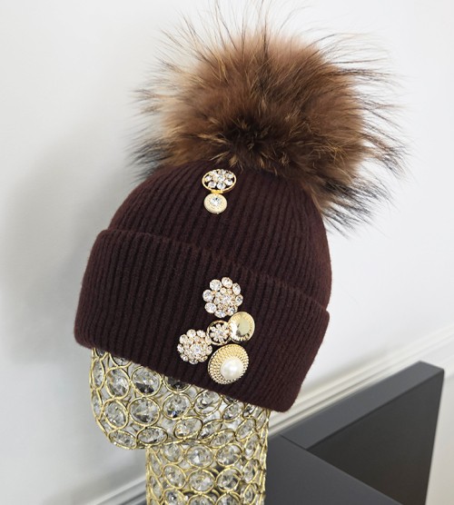 NEGATIV ** Czapka Wełna Merino+ Lisek+ Swarovski Czekolada welna dopasowane kaszmir