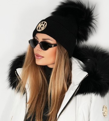 NEGATIV ** Czapka Czarna 100% Wełna Merino Nitowane Logo Lis welna dopasowane kaszmir