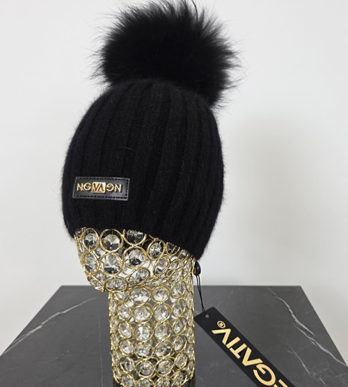 NEGATIV ** Czapka Wełna Angora Bez wywinięcia + Lis welna dopasowane kaszmir