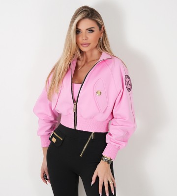 NEGATIV ** Bomberka Z Kieszeniami Bawełna Premium Candy PInk swobodne modelujace dzianina ekoskora bojowki elastyczne stojka matowe odwazne dlugirekaw drapieznyprint zdobienia suwaki nity napisy madeinpoland premiummoda zloto