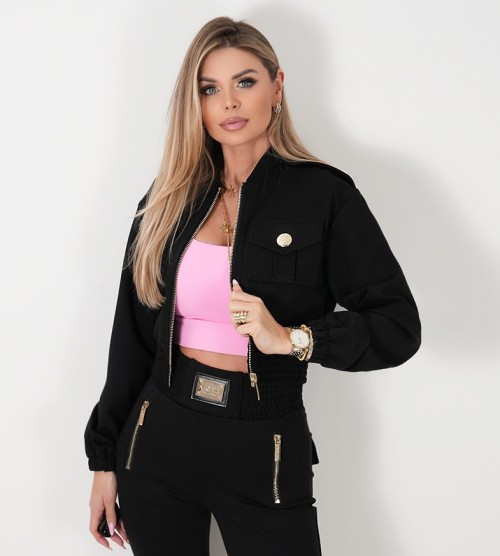 NEGATIV ** Bluza Rozpinana w Formie Bomberki Czarna swobodne bawelna kaptur zdobienia napisy madeinpoland premiummoda