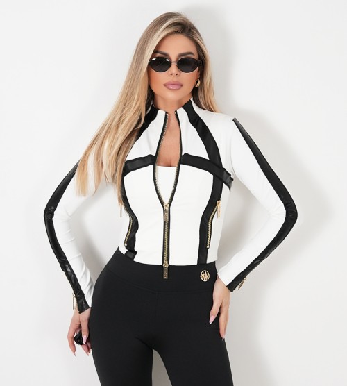 NEGATIV ** Bluzka W Finezyjnych CIęciach z Suwakami NYX dopasowane dzianina zdobienia suwaki madeinpoland premiummoda zloto