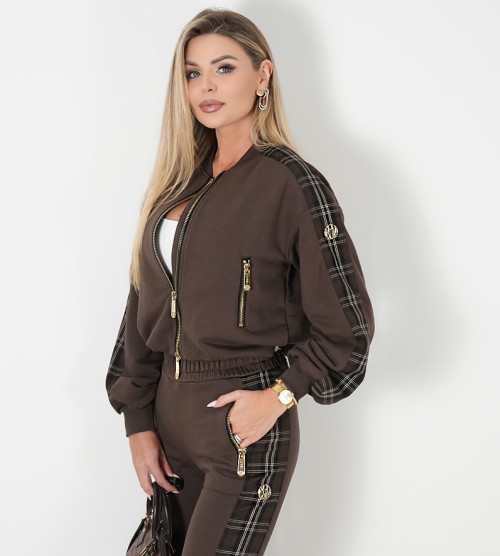 NEGATIV ** Bomber Z bawełny Z Kratą Czekoladowy+ Złote Suwaki swobodne bawelna kaptur zdobienia napisy madeinpoland premiummoda