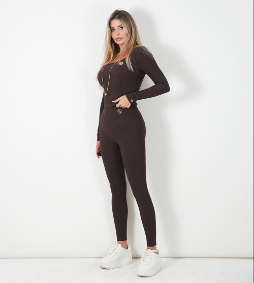 NEGATIV ** Legginsy SABRINA Czekoladowe z Karczkiem+ Logo dopasowane dzianina zdobienia suwaki madeinpoland premiummoda zloto