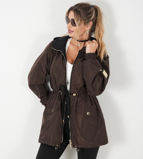 NEGATIV ** Parka Ortalionowa Czekolada, Złote Okucia, Kaptur dzianina ortalion sciagacze matowe blyszczace kaptur dlugirekaw zdobienia suwaki madeinpoland premiummoda zloto