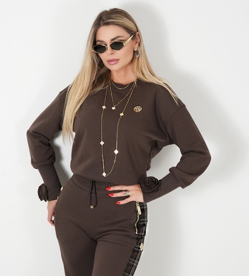 NEGATIV ** Bluza Z Regulacją Długości Czekoladowa+ Różyczki swobodne bawelna kaptur zdobienia napisy madeinpoland premiummoda