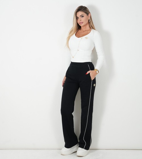 NEGATIV ** Spodnie Z bawełny Czerń/ off white+ Prosta Nogawka swobodne bawelna kaptur zdobienia napisy madeinpoland premiummoda