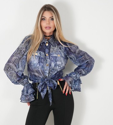 NEGATIV ** Koszula Jeans Flowers Z Wyjątkowym Mankietem swobodne modelujace hiszpanka delikatny zdobienia drapieznyprint madeinpoland premiummoda transparentny zloto dlugirekaw kieszonka